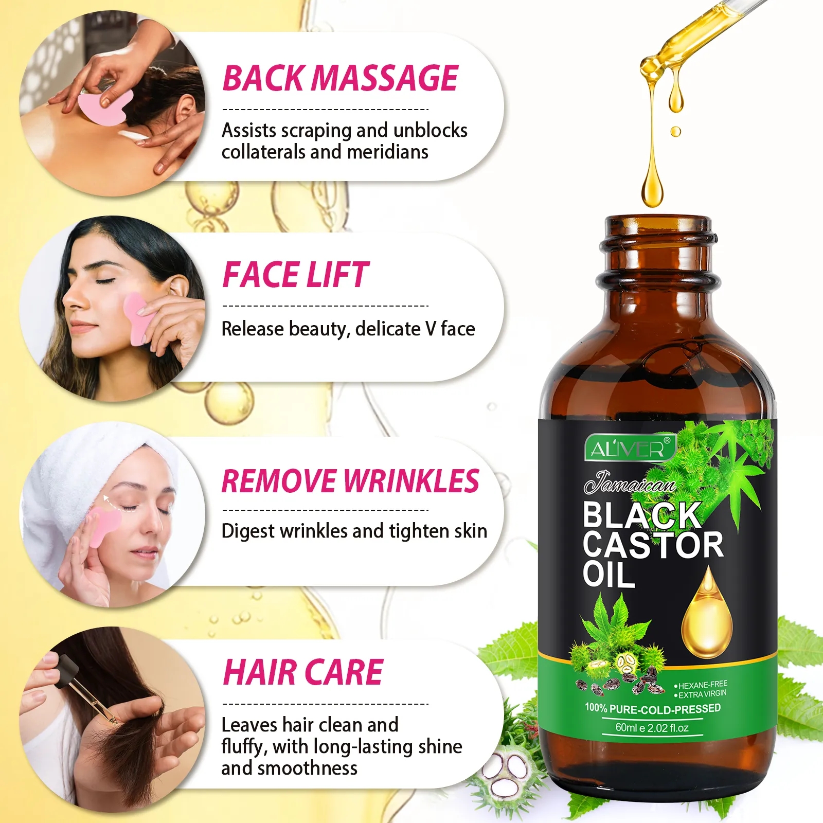 Aliver Gua Sha Tool (Pink)   60ml Black Castor Massage Oil for Body