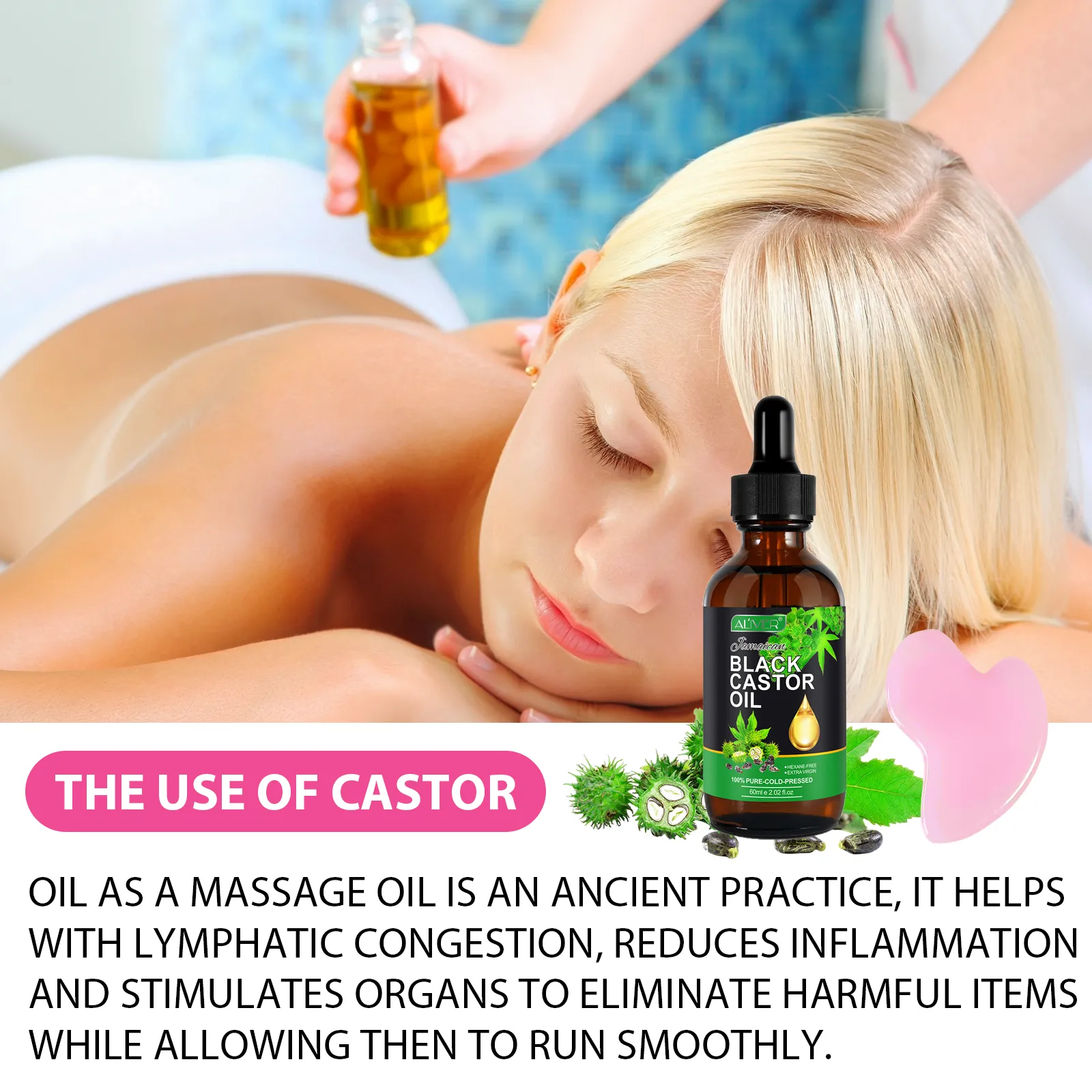 Aliver Gua Sha Tool (Pink)   60ml Black Castor Massage Oil for Body