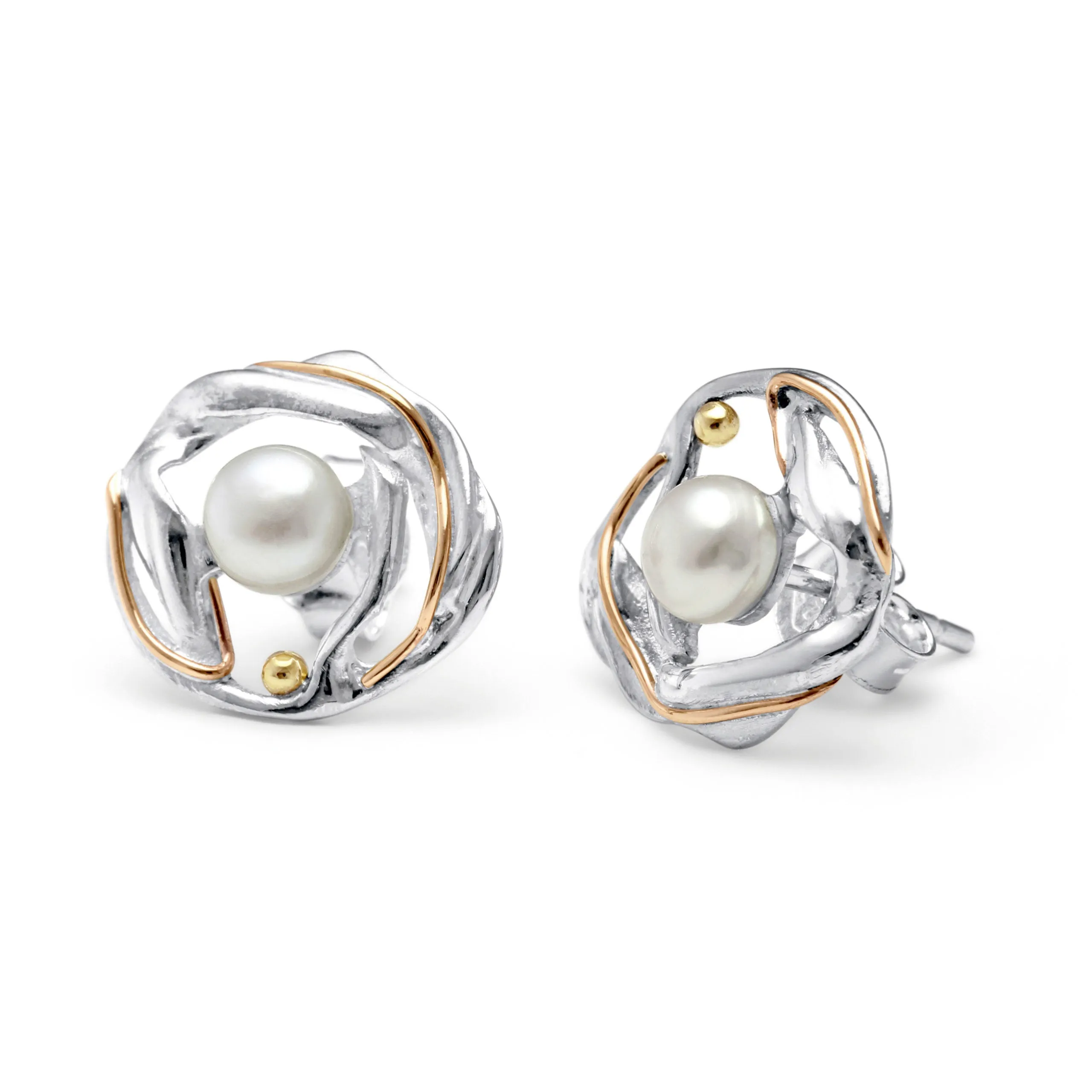 Banyan Undulating Silver Pearl Stud Earrings