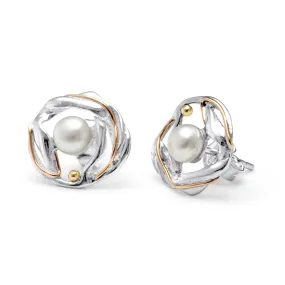 Banyan Undulating Silver Pearl Stud Earrings