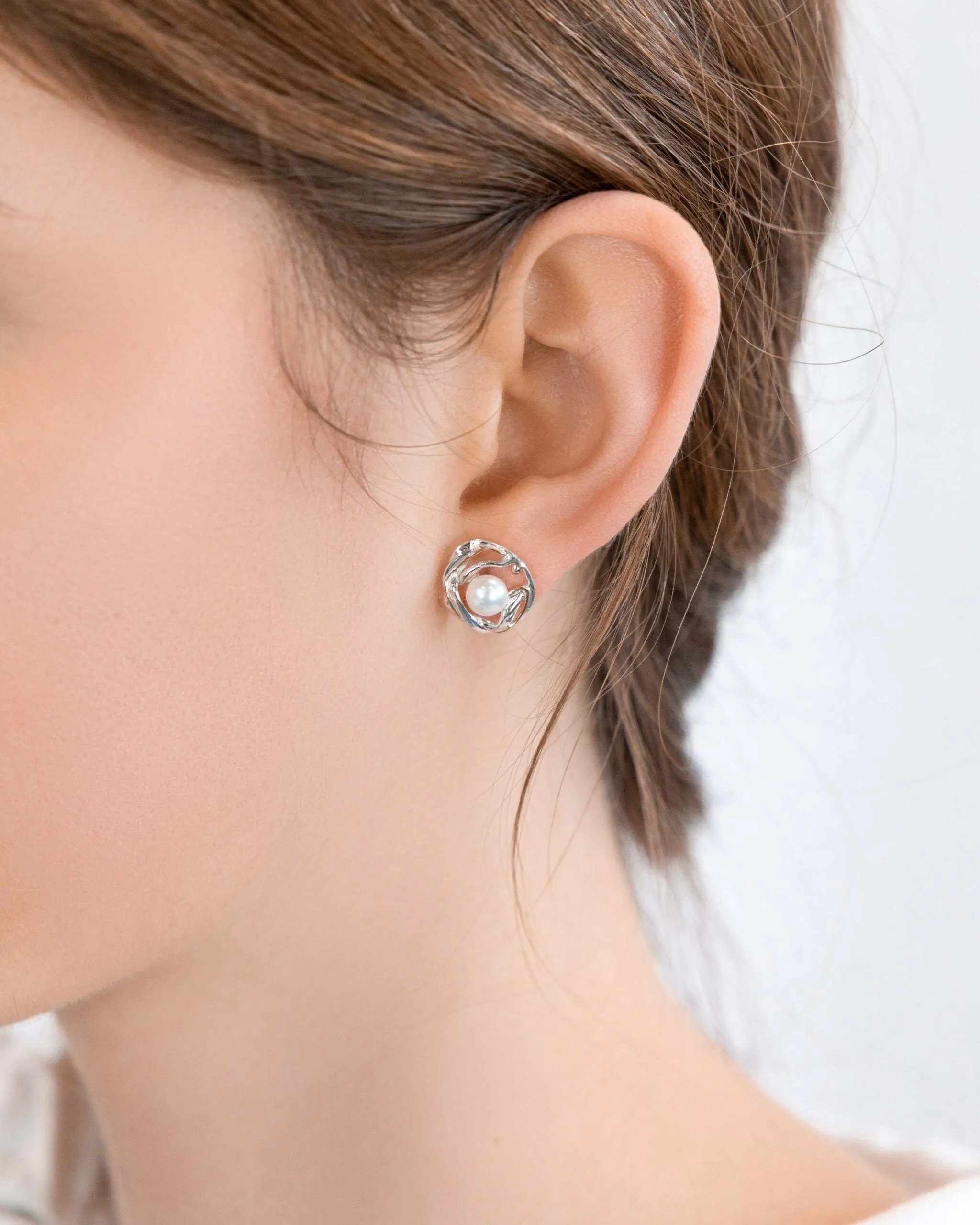 Banyan Undulating Silver Pearl Stud Earrings