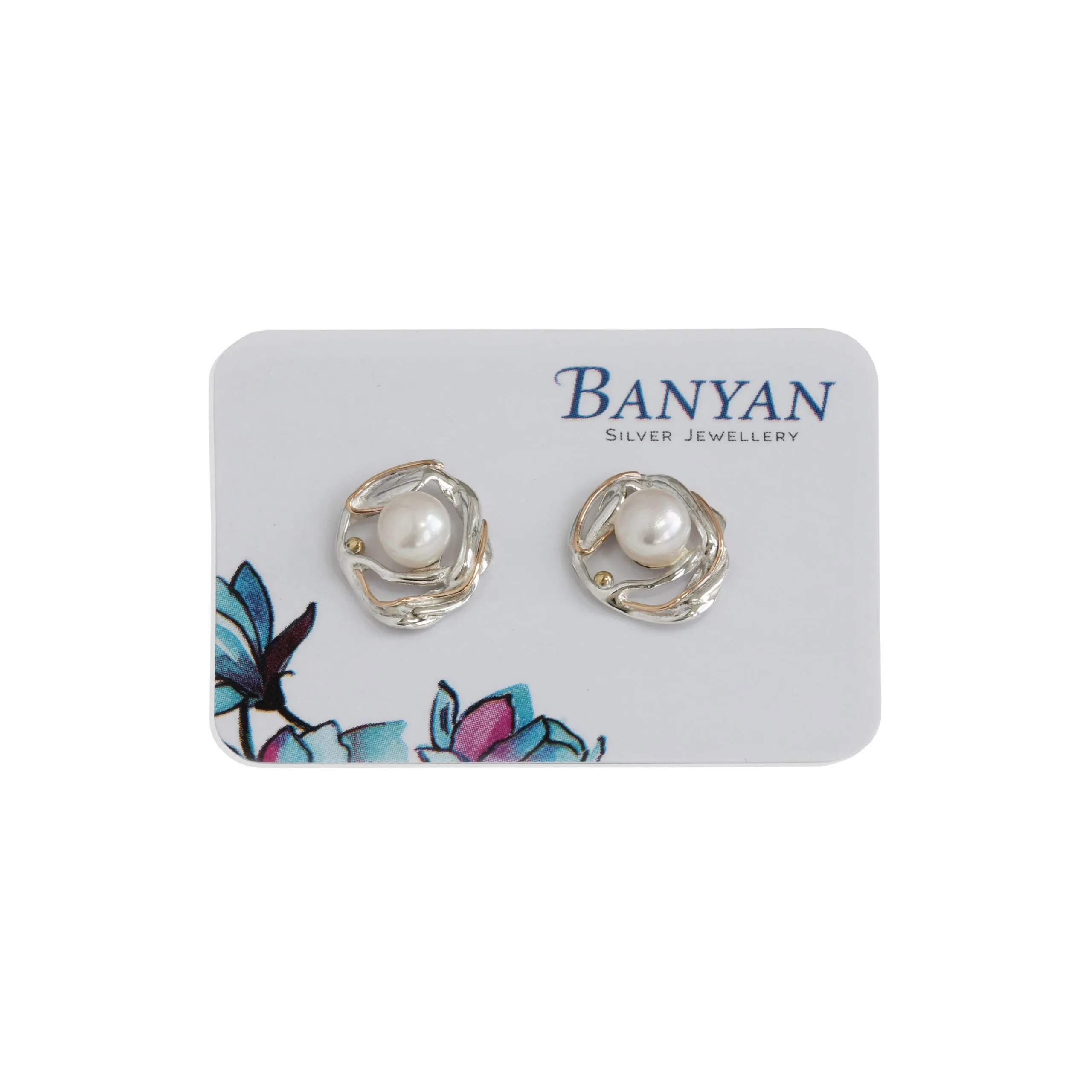 Banyan Undulating Silver Pearl Stud Earrings