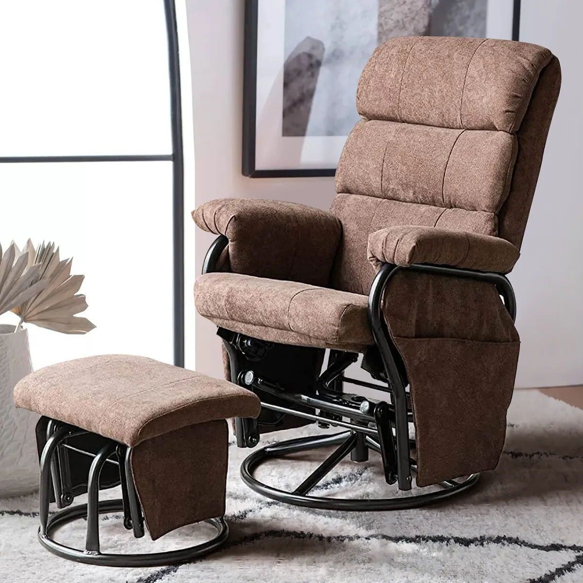 Glider Recliner with Ottoman Vibration Massage Lounge Chair Set, Brown