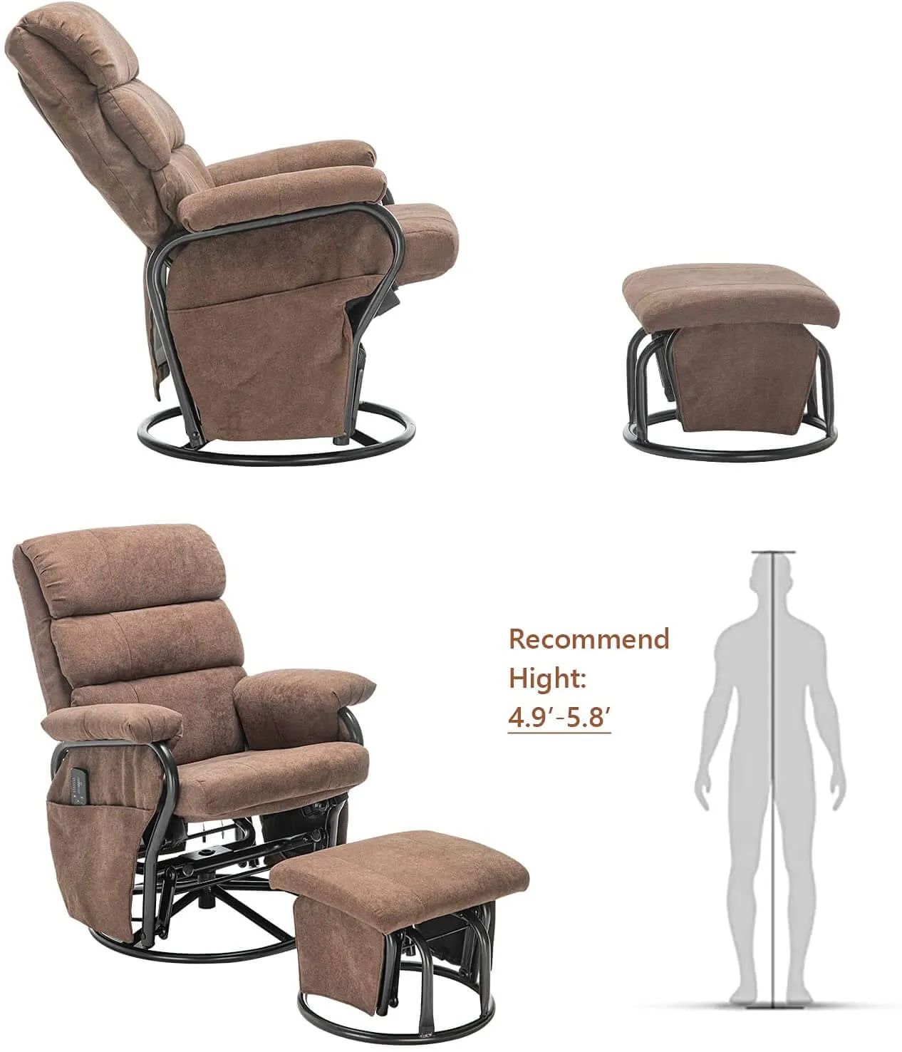 Glider Recliner with Ottoman Vibration Massage Lounge Chair Set, Brown