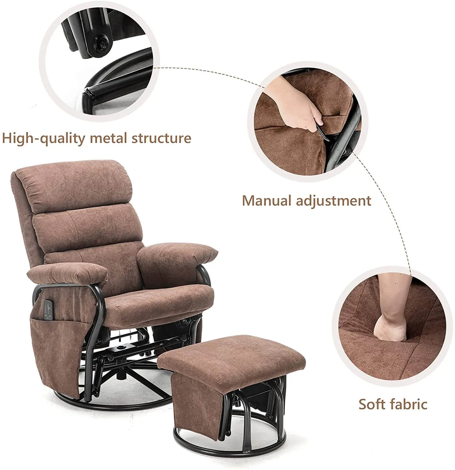 Glider Recliner with Ottoman Vibration Massage Lounge Chair Set, Brown