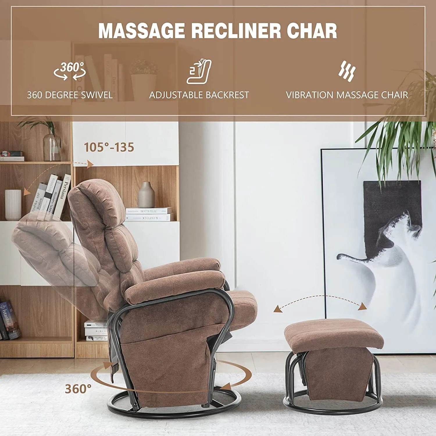 Glider Recliner with Ottoman Vibration Massage Lounge Chair Set, Brown