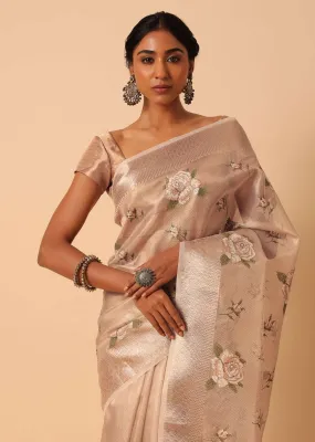 Gold Kora Silk Saree With Floral Motif Multicolor Thread Work And Unstitched Blouse Piece