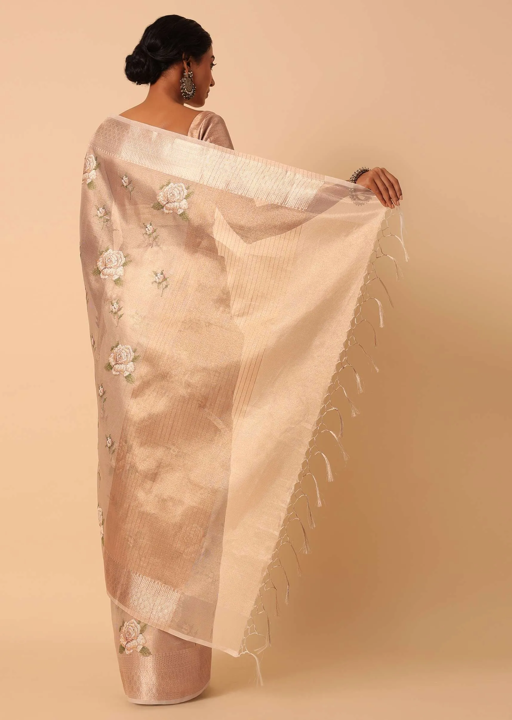 Gold Kora Silk Saree With Floral Motif Multicolor Thread Work And Unstitched Blouse Piece