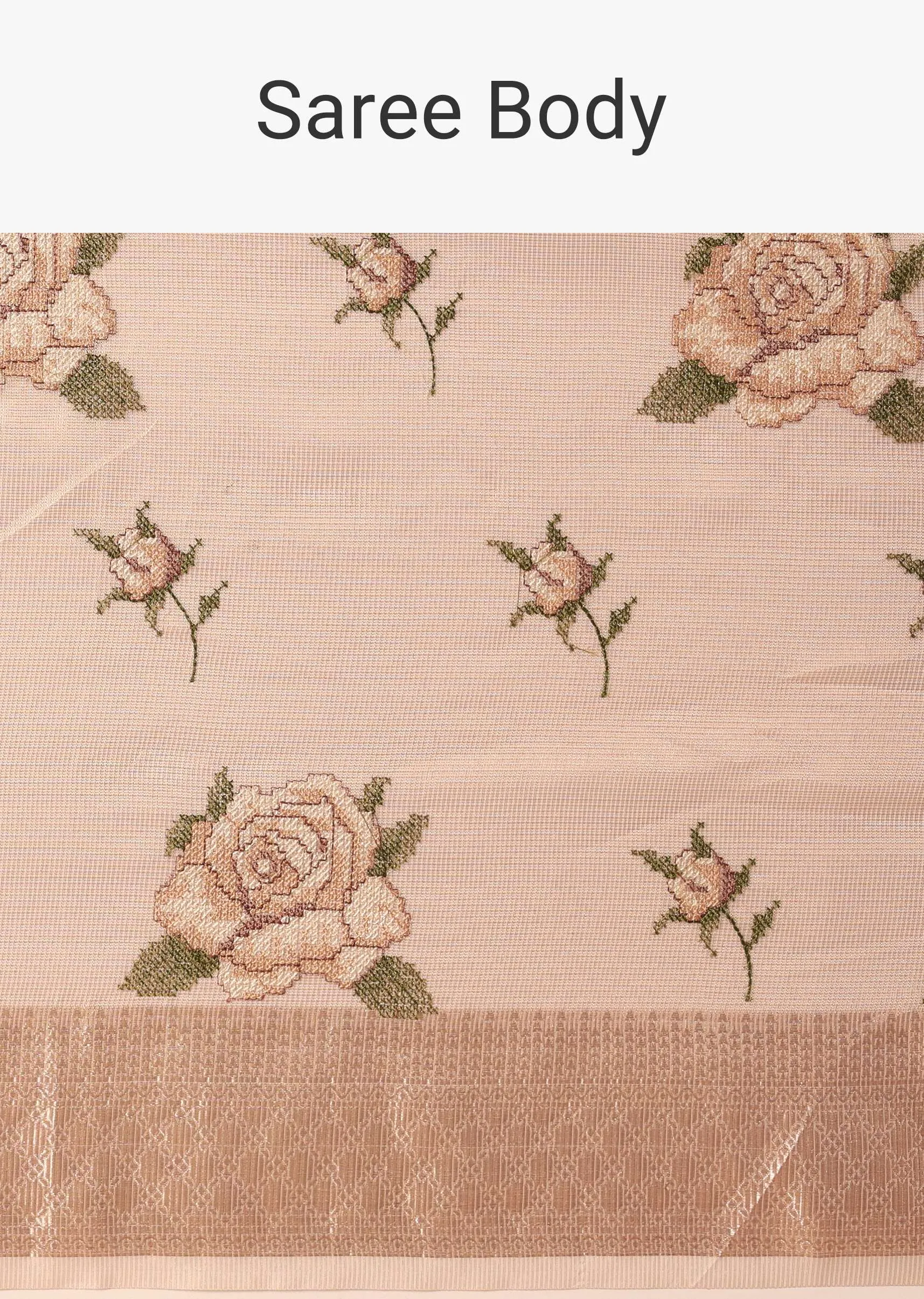 Gold Kora Silk Saree With Floral Motif Multicolor Thread Work And Unstitched Blouse Piece