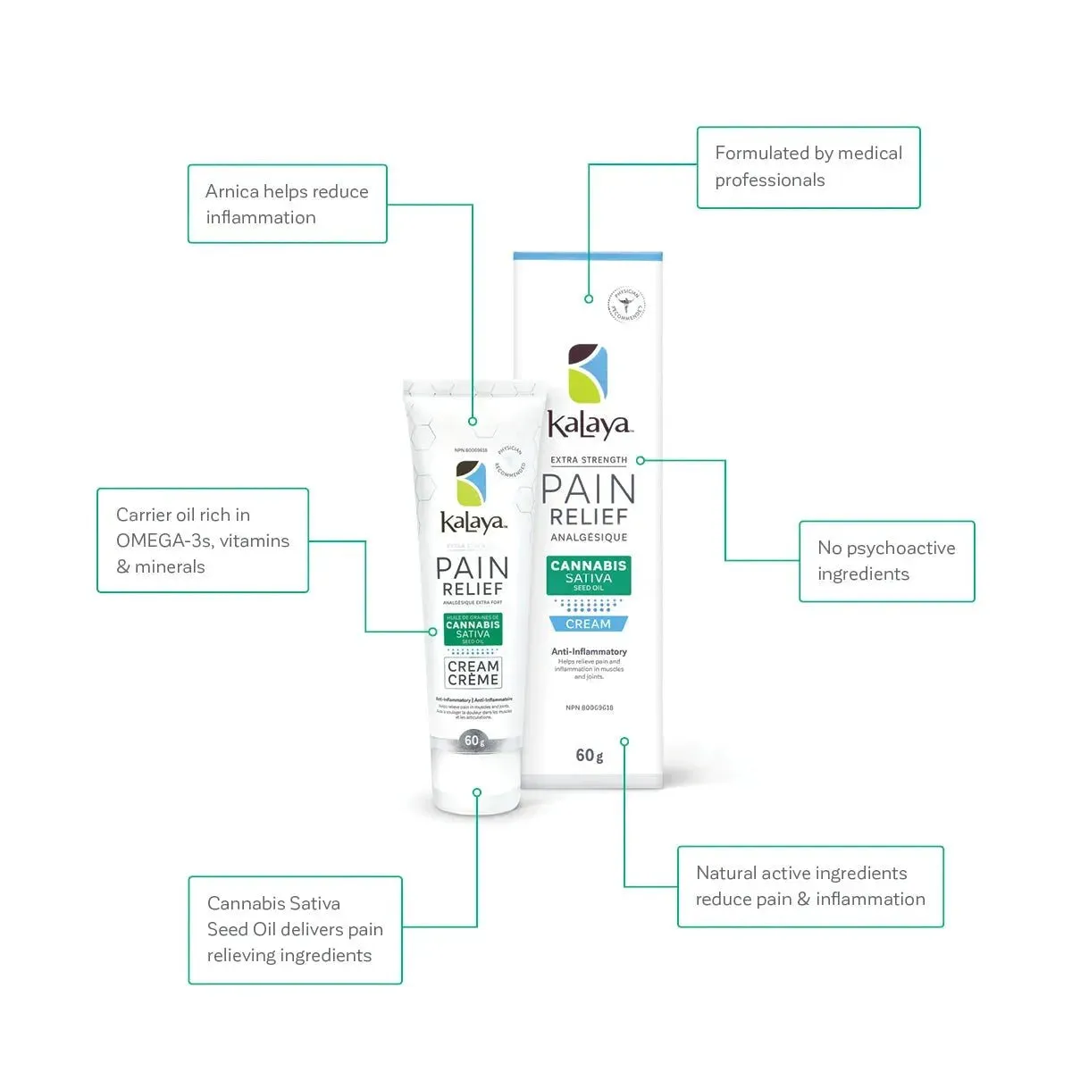 [Pack of 5] KaLaya Extra Strength Pain Relief Cream with Cannabis Sativa Seed Oil (60g)
