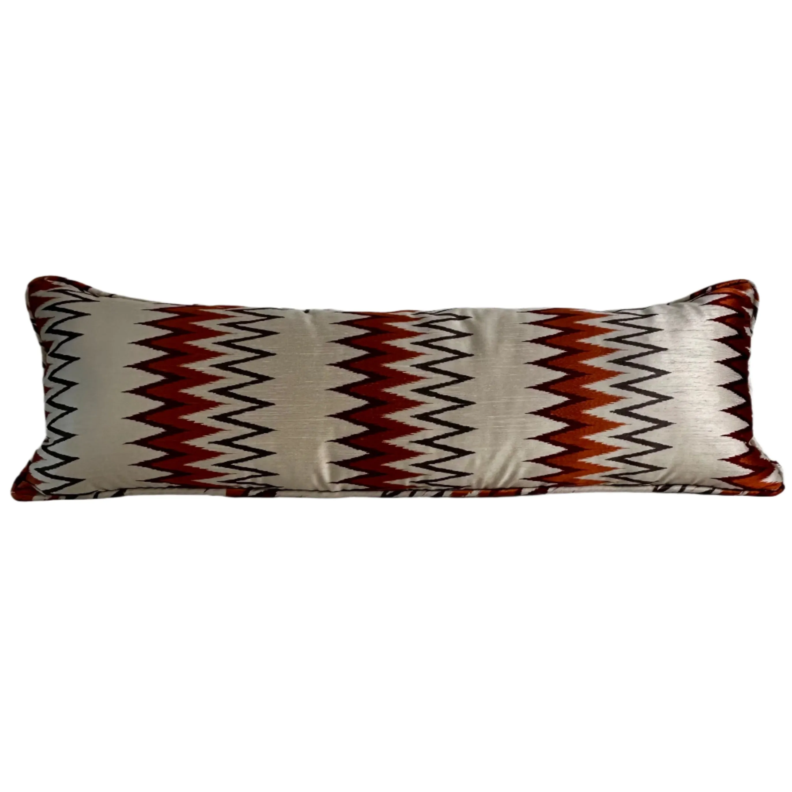 White Chevron Long Pillow with Zigzags, White, Rust, Black